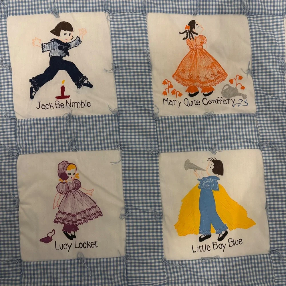 Vintage Nursery Rhyme Crib Quilt Hand Painted Gingham Blue White 12 Panel